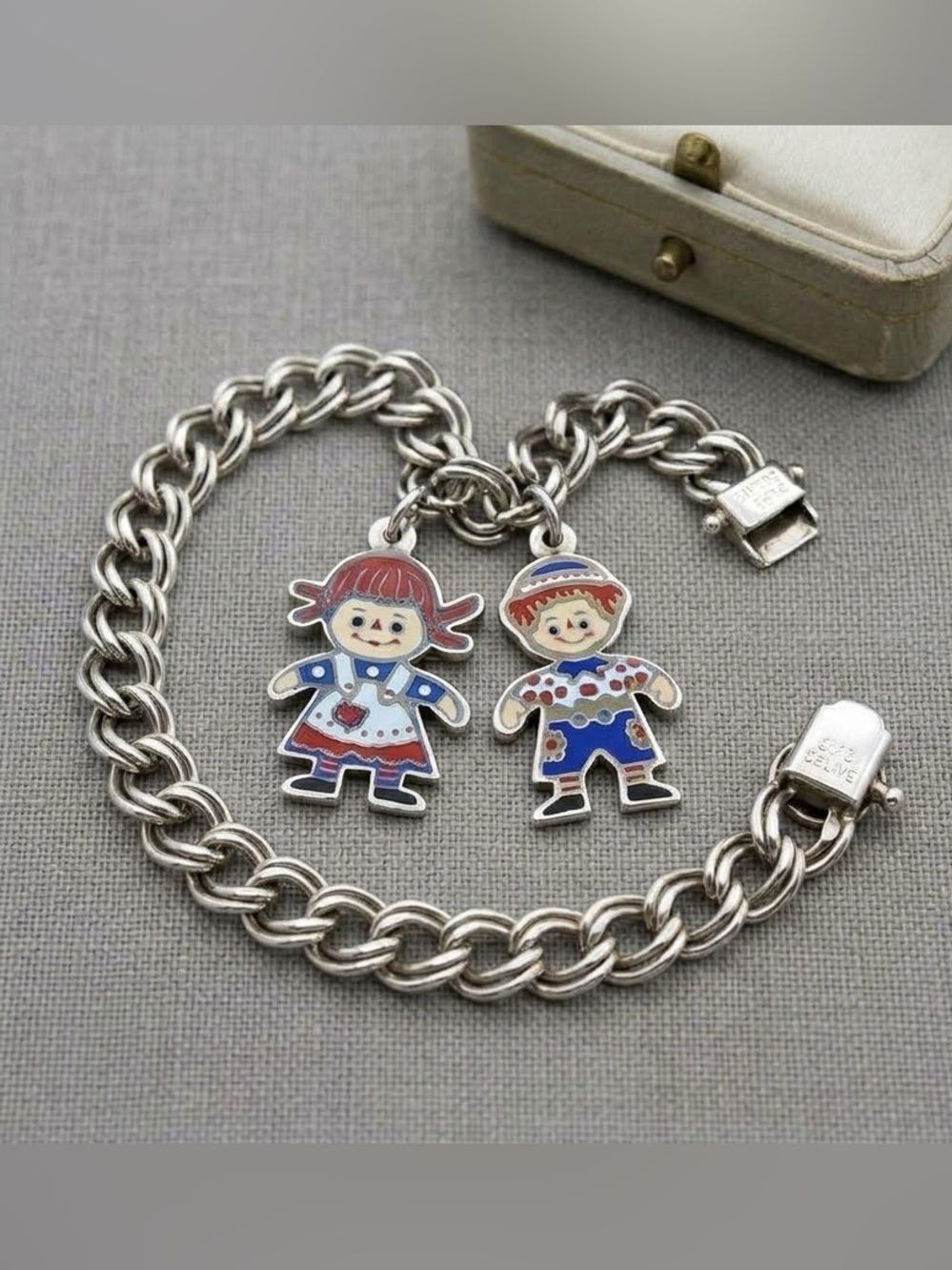 Vintage Sterling Silver Raggedy Ann & Andy Charm Bracelet 6.5"